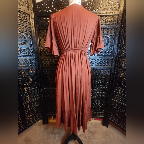 V Neck Midi Summer Bojo Brick Red Dress - Picture 2 of 4